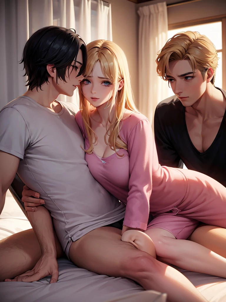 Two adult friends, A Man and a Woman, the man is taking care of the woman in bed, She is sick, she is a woman, she has blonde hair and blue eyes., she wears pink pajamas, while the man has black hair and black eyes 