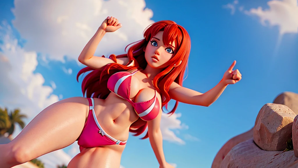 woman, realistic 3D character, red hair, blue eyes, thick thighs, wearing short pink bikini, with buttocks close to the camera