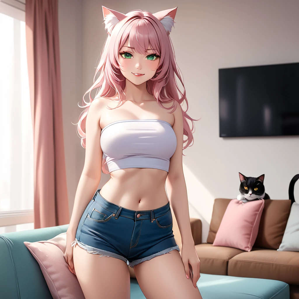 Sexy Posing, standing apart, Female, 30 years old, cute, eyeliner, long hair, biting lip smile, tube top, jean shorts, bedroom eyes, catgirl, cat ears, living room background, 8k, hi res, (best quality, masterpiece), green eyes, long cat tail , lying on couch, evil smirk, light pink hair,