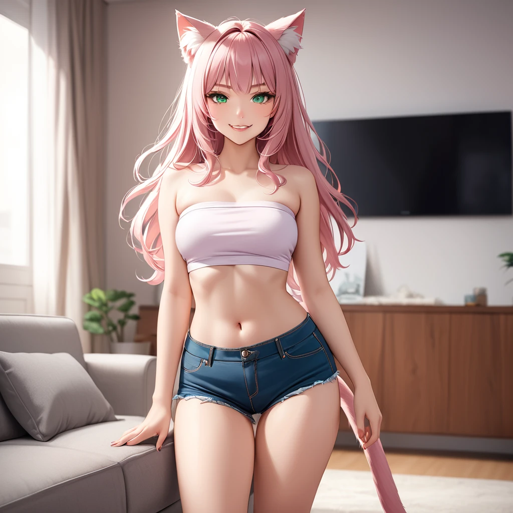 Sexy Posing, standing apart, Female, 30 years old, cute, eyeliner, long hair, biting lip smile, tube top, jean shorts, bedroom eyes, catgirl, cat ears, living room background, 8k, hi res, (best quality, masterpiece), green eyes, long cat tail , lying on couch, evil smirk, light pink hair,