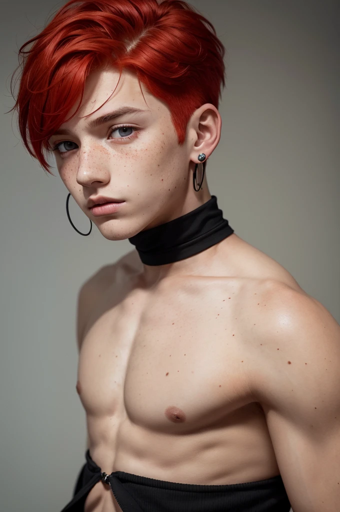 A boy with red hair and black eyes and freckles with a cross earring in his right ear