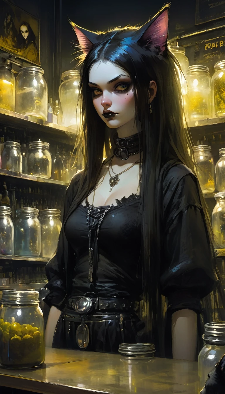 a sexy girl with a punk-gothic appearance and long hair whith a cat attends the shop at the counter, fantastic shop, disturbing, strange, unnatural, (Rembrandt Lighting: 1.3) light particles, shop with large jars, jars with eyes, jars with heads, close-up of upper body, fantastic angles (art inspired by Bill Sienkiewicz, oil painting)