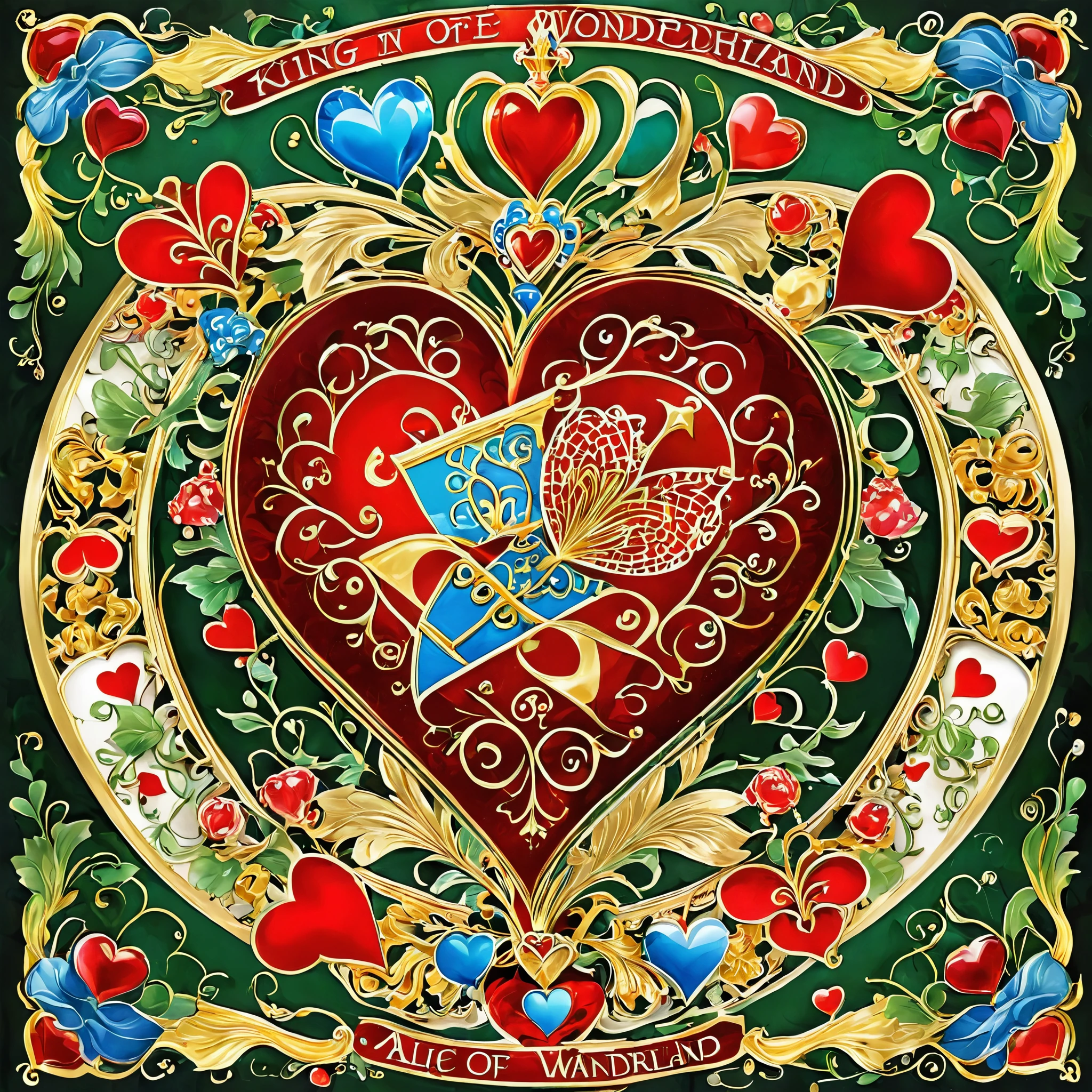 Create an artistic portrayal of The King of Hearts from Alice in Wonderland. Emphasize his regal demeanor, elaborate robes, and the heart motif. The image should reflect both his authority and the whimsical nature of Wonderland. Employ vibrant colors and intricate details to bring out the character's essence. This artwork should be suitable for various applications, such as posters, digital media, and merchandise.