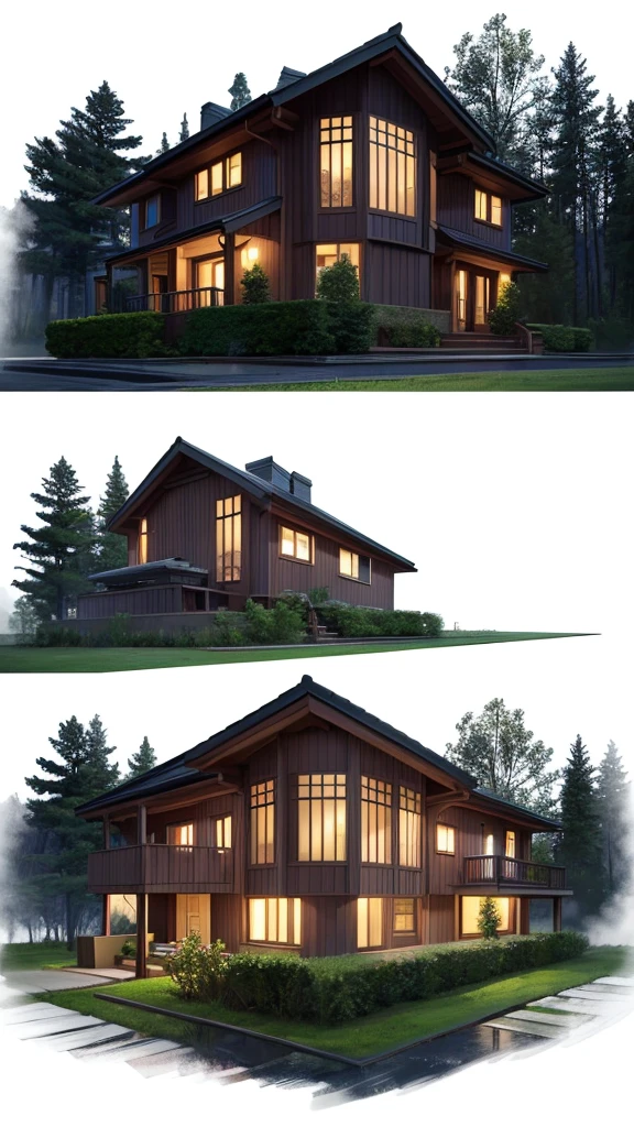House in the middle of a forest at night, that the image shows the house in diagonal profile, that the house is 19th century style, and it looks terrifying