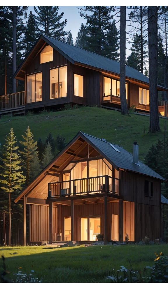 House in the middle of a forest at night, that the image shows the house in diagonal profile, that the house is 19th century style, and it looks terrifying