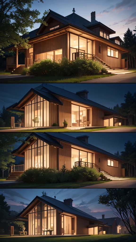 House in the middle of a forest at night, that the image shows the house in diagonal profile, that the house is 19th century style, and it looks terrifying