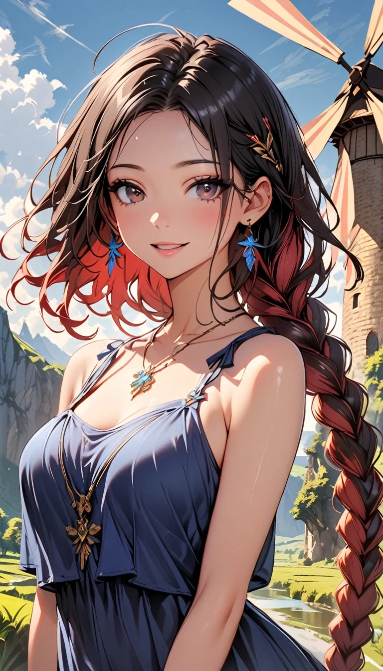 women, natural redhead, long hair with 2 braids, honey yellow eyes, black flared short skirt, Wine red off shoulder blouse with details, sitting on a bench in a garden, Whole body, mischievous smile, bright smile, chest a little big.