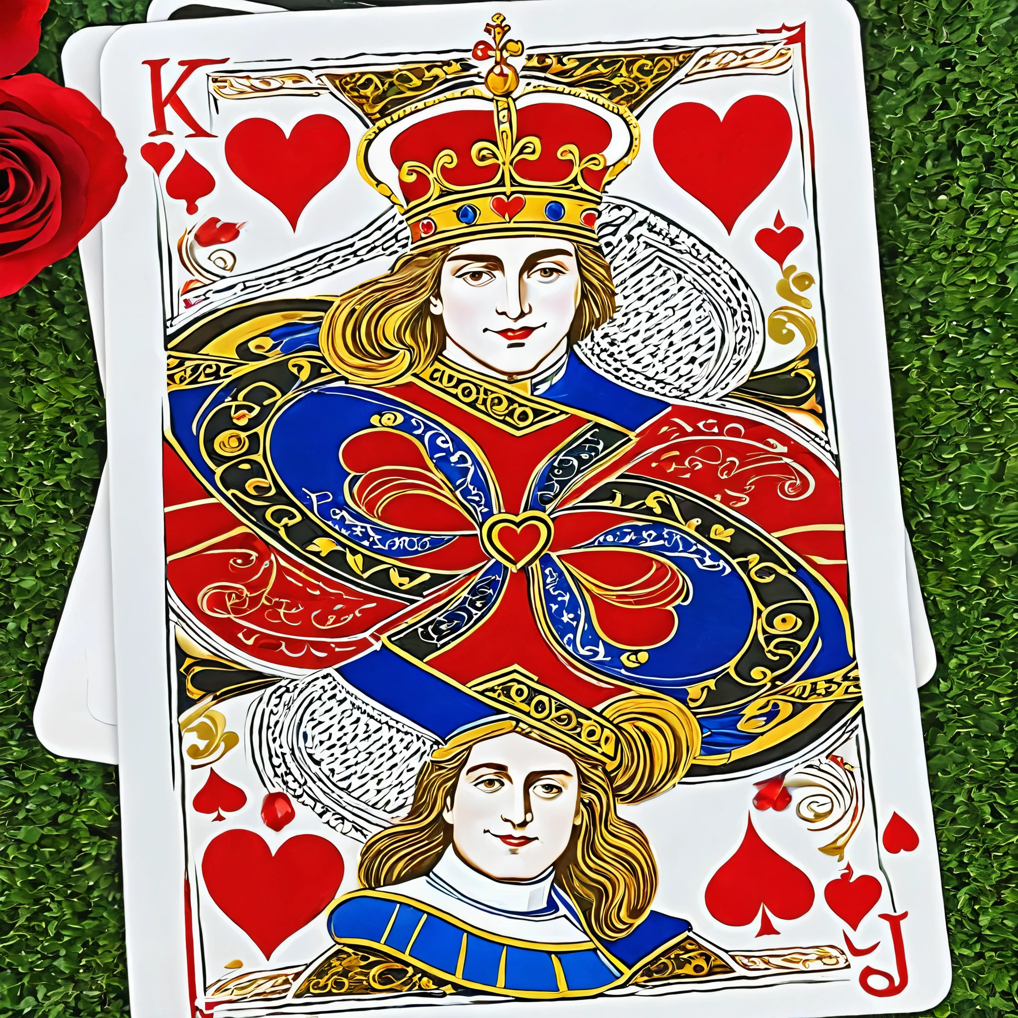 Create an artistic portrayal of The King of Hearts from Alice in Wonderland. Emphasize his regal demeanor, elaborate robes, and the heart motif. The image should reflect both his authority and the whimsical nature of Wonderland. Employ vibrant colors and intricate details to bring out the character's essence. This artwork should be suitable for various applications, such as posters, digital media, and merchandise.