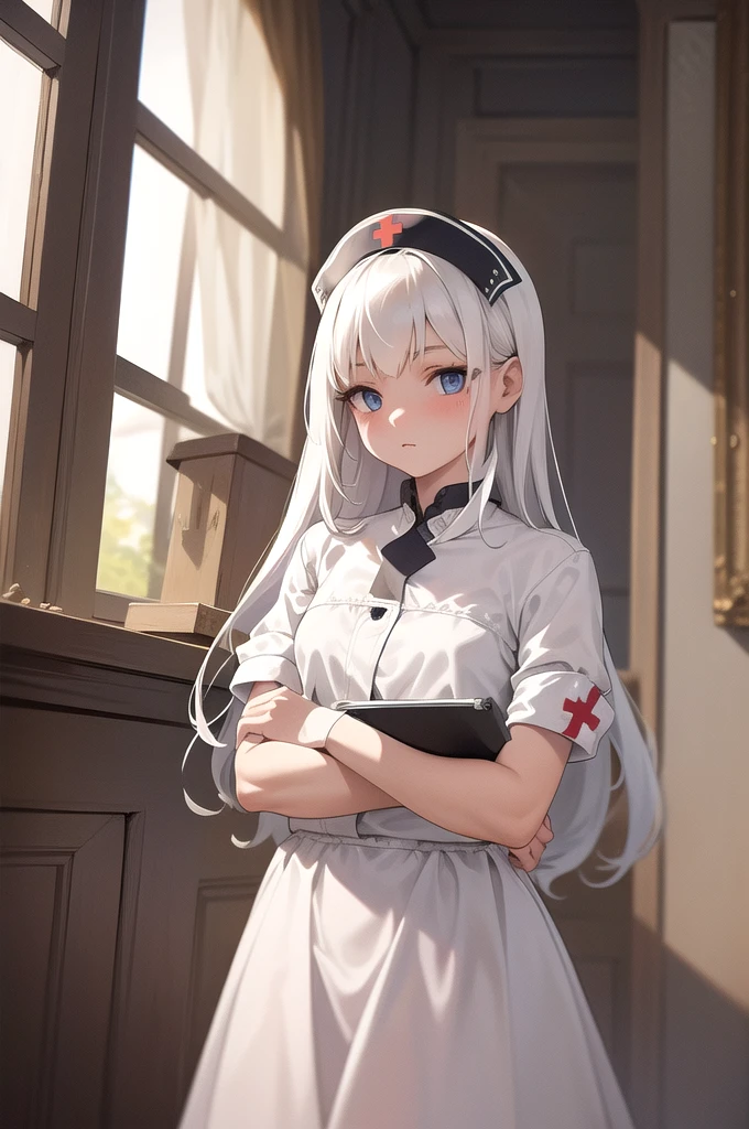 infirmary, curtains, 1girl, nurse, white dress,, masterpiece, best quality, highly detailed