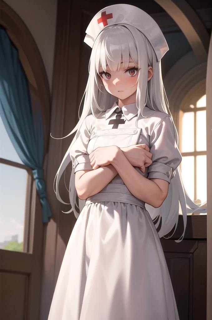 infirmary, curtains, 1girl, nurse, white dress,, masterpiece, best quality, highly detailed