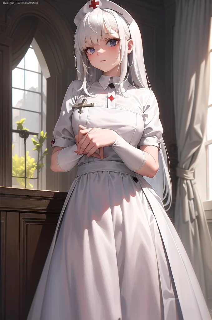 infirmary, curtains, 1girl, nurse, white dress,, masterpiece, best quality, highly detailed