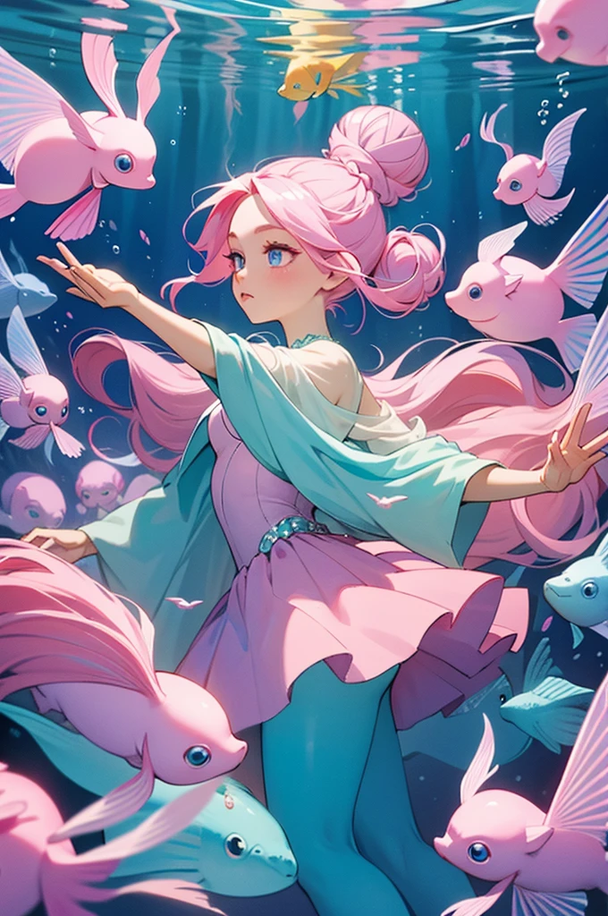 throw, ((masterpiece, Highest quality)), whole body, One girl, alone, (Long Hair:1.1),(Hair Ribbon:0.4), Pink Eyes,(((White bun hair))),(((Long pink hair))),
 Create an enchanting and fantastical underwater scene featuring a girl with sparkling blue eyes and flowing hair like a deep sea treasure。. She floats gracefully in the crystal clear water, Surrounded by fascinating exotic fish, Creating a ballet with harmonious movement and color. The girl&#39;s delicate hands、Vibrant, The fish scales glitter as they sway around her., Forming complex patterns、Illuminates water with an otherworldly glow。. Sunlight penetrates the surface, Cast magic, Dappled light dances on her skin and the marine life around her.. background, Lush underwater gardens with swaying seaweed and coral reefs create a mesmerizing atmosphere.。. This breathtaking image、It should evoke a sense of wonder., Tranquility, and the serene beauty of the underwater world, It expresses the mysterious connection between the girl and aquatic life.,{Detailed and beautiful eyes}, finely,  Detailed and beautiful eyes,