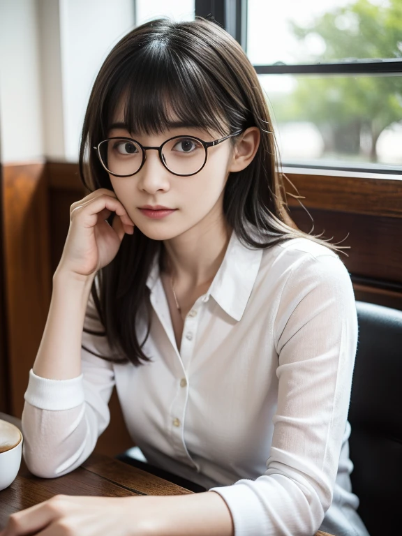(RAW Photos, Highest quality), (Glasses), masterpiece, Natural light, 1 Girl, casual, Female Model, Cafe, Coffee cup, Book, Subdued lighting, Wood Interior, Calm expression, Window seat, Natural light, head shot