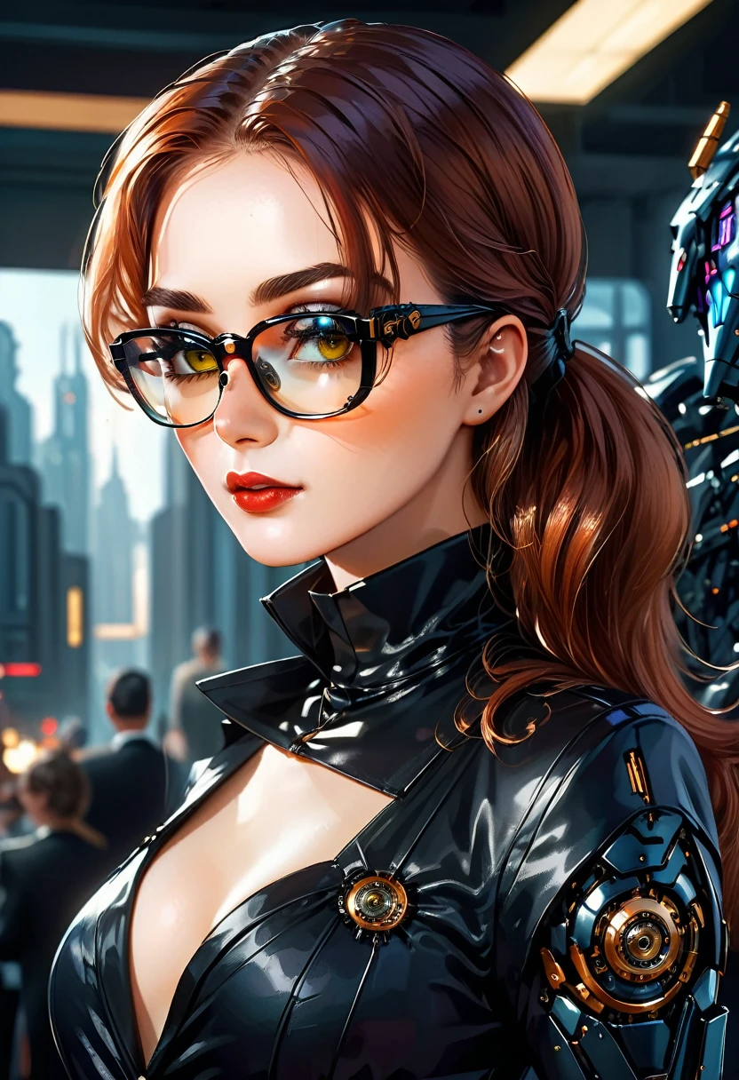 Arafed a picture of a human female spy, wearing dark suit, wearing ((mecha glasses: 1.5))exquisite beautiful female, dynamic eye color, dynamic hair color, dynamic hair style, glasses has intricate mechanical part in it, high society gala event background, (Masterpiece: 1.5),  Vibrant, Ultra-high resolution, High Contrast, masterpiece:1.2, highest quality, Best aesthetics), best details, best quality, highres, ultra wide angle, 16k, [ultra detailed], masterpiece, best quality, (extremely detailed), Mechanical Creatures