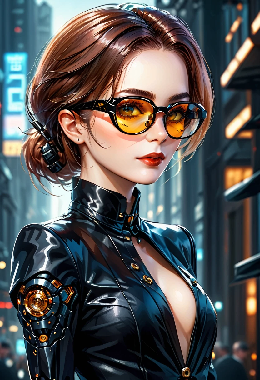 Arafed a picture of a human female spy, wearing dark suit, wearing ((mecha glasses: 1.5))exquisite beautiful female, dynamic eye color, dynamic hair color, dynamic hair style, glasses has intricate mechanical part in it, high society gala event background, (Masterpiece: 1.5),  Vibrant, Ultra-high resolution, High Contrast, masterpiece:1.2, highest quality, Best aesthetics), best details, best quality, highres, ultra wide angle, 16k, [ultra detailed], masterpiece, best quality, (extremely detailed), Mechanical Creatures