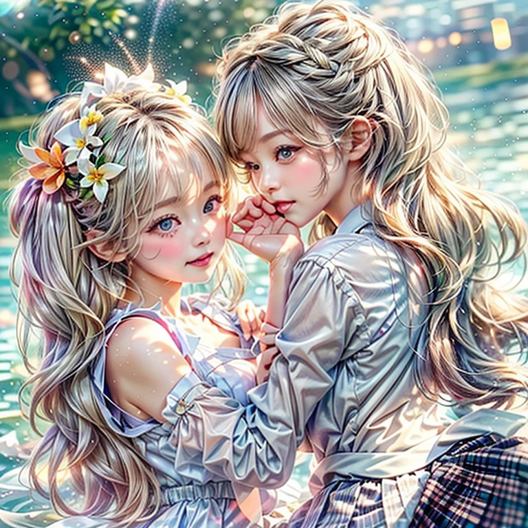 SFW, ((David Hamilton:1.37, White and RainbowColors))、Extremely Detailed (PUNIPUNI Oppai-Loli Twins), Dynamic-angle), {(((Kissing face to face:1.37) Against the Nipples to Nipples Pressing hard))| ZoomedOut }、{(Floating hair with Strong wind)|French Braid|bun}, (8K best quality Masterpiece:1.2)((Photo-realistic:1.37)), { kodachrome | realistic | photorealistic | RAW }  BREAK  (((Detailed KAWAII Face variations))), Detailed Radiant PearlSkin, Smooth shading, (((SoftFocus, BokeH))), Soft Lighting, ((school uniform)), {Flowers|Flower wreath|smile|Joyful|Pleasuring|Different types of hair colors}、{(Light Particles:1.2)|(Lens Flare)|(Luminescent Particles:0.6)}, (((Just a heads above the Lake))), {Sparkling Lake surface|Splashing water|Before dawn|magic hour|morning glow|foggy|Haze|(Dazzling Colored Horizon)}, (((HiddenHand))) . PICHIPICHI