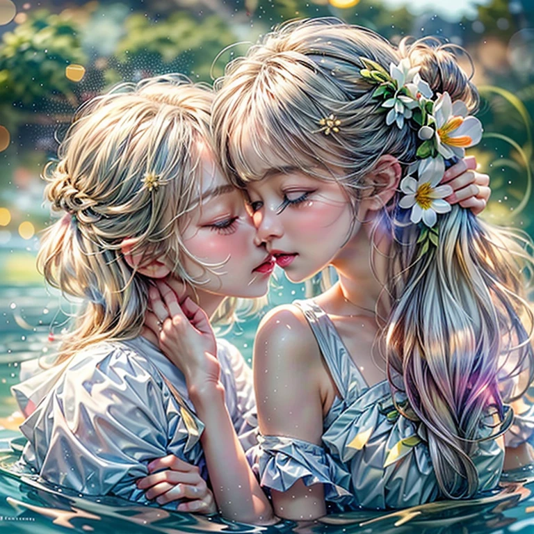 SFW, ((David Hamilton:1.37, White and RainbowColors))、Extremely Detailed (PUNIPUNI Oppai-Loli Twins), Dynamic-angle), {(((Kissing face to face:1.37) Against the Nipples to Nipples Pressing hard))| ZoomedOut }、{(Floating hair with Strong wind)|French Braid|bun}, (8K best quality Masterpiece:1.2)((Photo-realistic:1.37)), { kodachrome | realistic | photorealistic | RAW }  BREAK  (((Detailed KAWAII Face variations))), Detailed Radiant PearlSkin, Smooth shading, (((SoftFocus, BokeH))), Soft Lighting, ((school uniform)), {Flowers|Flower wreath|smile|Joyful|Pleasuring|Different types of hair colors}、{(Light Particles:1.2)|(Lens Flare)|(Luminescent Particles:0.6)}, (((Just a heads above the Lake))), {Sparkling Lake surface|Splashing water|Before dawn|magic hour|morning glow|foggy|Haze|(Dazzling Colored Horizon)}, (((HiddenHand))) . PICHIPICHI