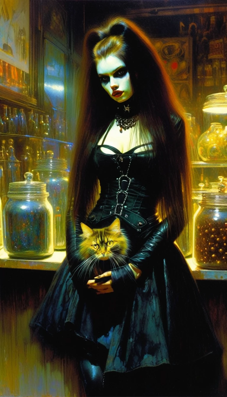 a sexy girl with a punk-gothic appearance and long hair whith a cat attends the shop at the counter, fantastic shop, disturbing, strange, unnatural, (Rembrandt Lighting: 1.3) light particles, shop with large jars, jars with eyes, jars with heads, close-up of upper body, fantastic angles (art inspired by Bill Sienkiewicz, oil painting)
