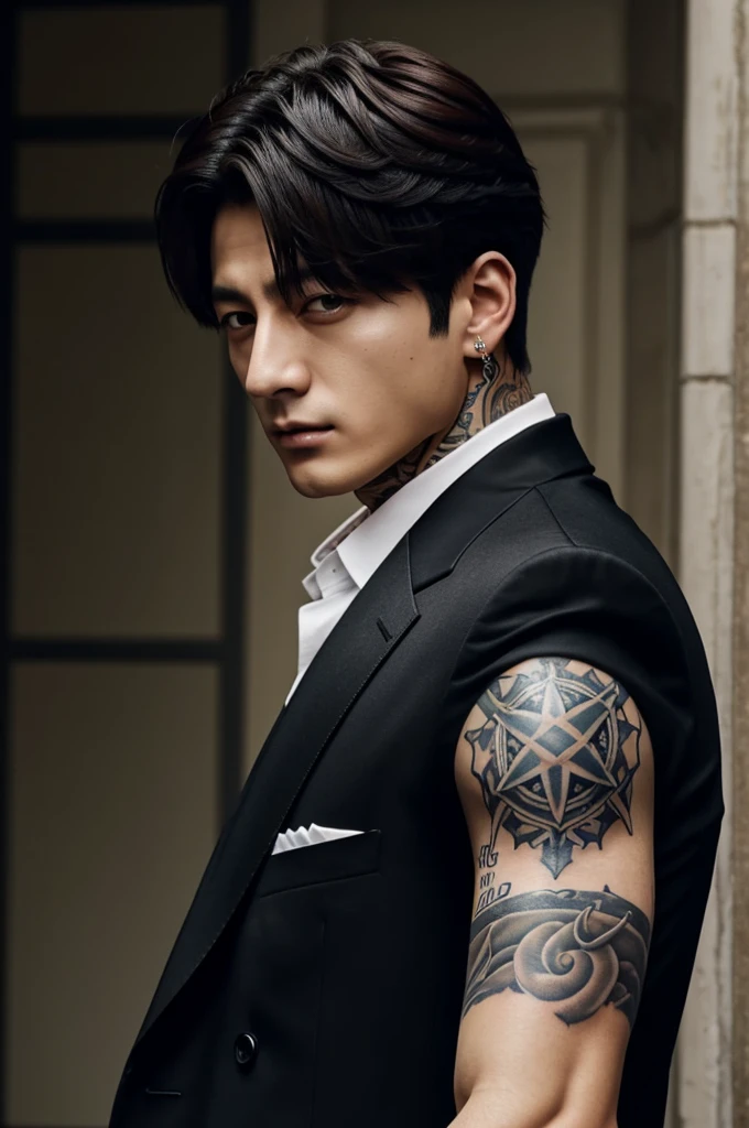 Jungkook is a mafioso, high, strong, tattooed, black hair 