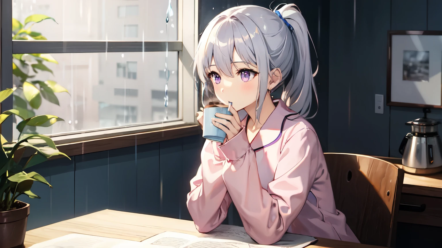 One girl, Pink pajamas, ponytail ,Gray Hair, Purple eyes, magic circle, Blue Fire, blue flame, wallpaper, Rain outside the window, 4am,Rain outside the window,Drinking coffee, Coffee cup in hand,Depth of written boundary, It's still dark, Particles of light, light, Side Lighting, Thighs, destiny \(series\), cloud