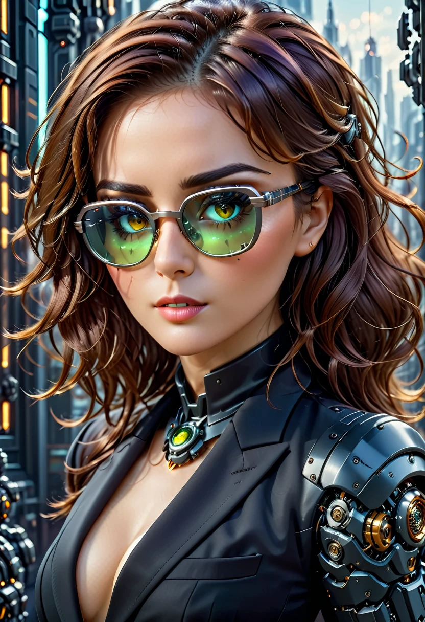 Arafed a picture of a human female spy, wearing dark suit, wearing ((mecha glasses: 1.5))exquisite beautiful female, dynamic eye color, dynamic hair color, dynamic hair style, glasses has intricate mechanical part in it, high society gala event background, (Masterpiece: 1.5),  Vibrant, Ultra-high resolution, High Contrast, masterpiece:1.2, highest quality, Best aesthetics), best details, best quality, highres, ultra wide angle, 16k, [ultra detailed], masterpiece, best quality, (extremely detailed), Mechanical Creatures