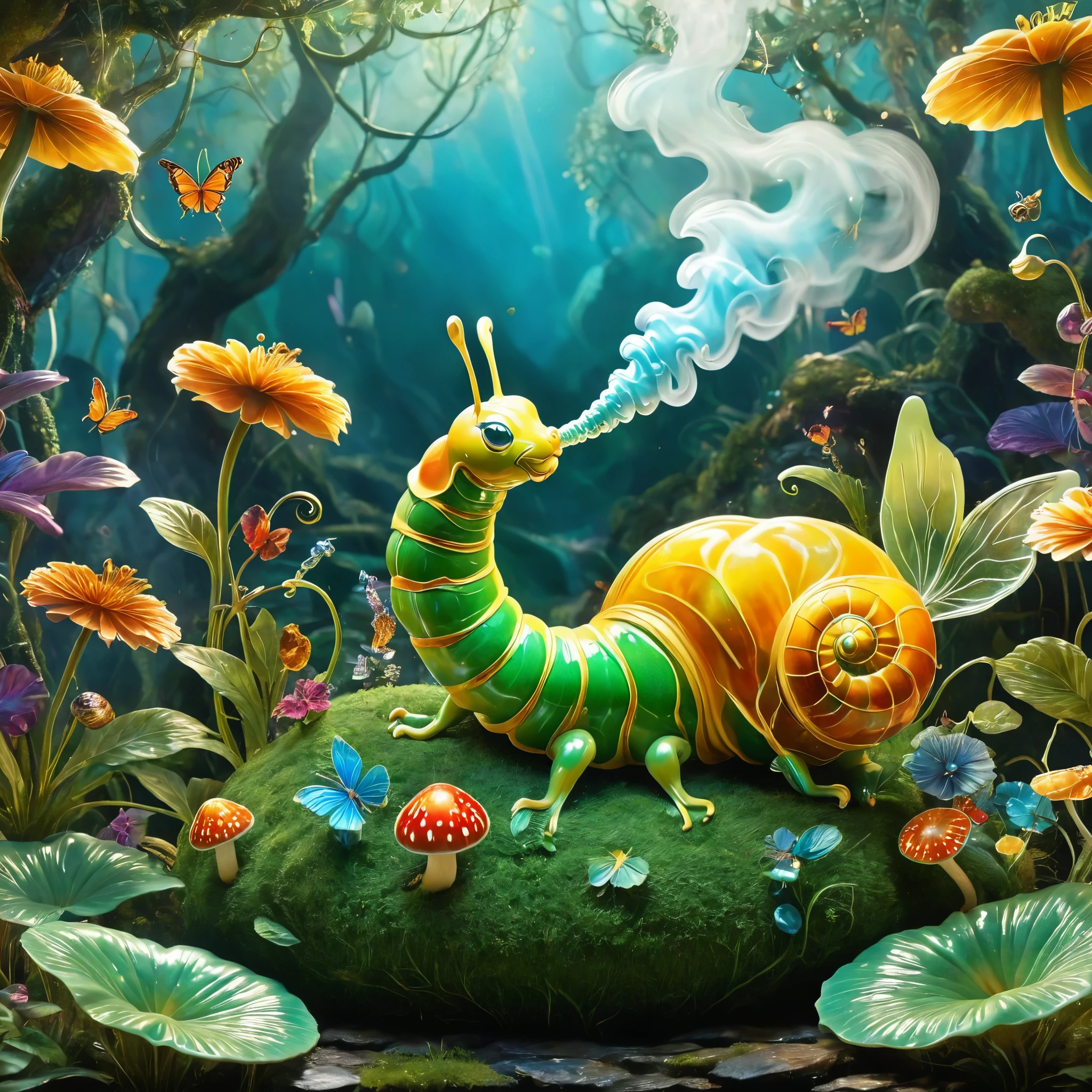 Create an artistic rendition of The Caterpillar from Alice in Wonderland. Capture its enigmatic and surreal presence as it sits atop a mushroom, blowing smoke rings. Focus on intricate details, such as the Caterpillar's vibrant coloration and distinctive features, including its hookah pipe. The image should evoke the whimsical and mysterious nature of Wonderland. Use a blend of vibrant and ethereal colors to bring this iconic character to life. This artwork should be suitable for various applications, including posters and digital media