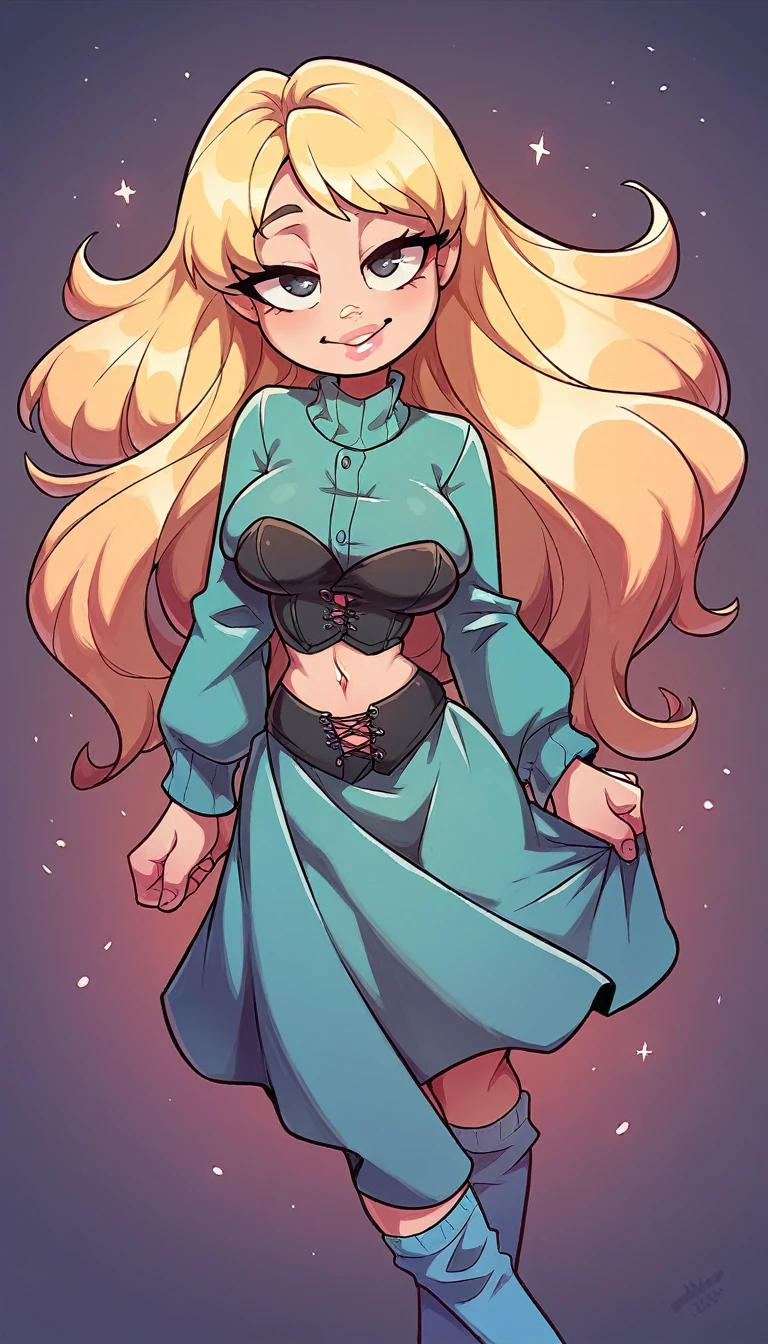 A sexy Asian Russian girl, beautiful, cute, big breast, long wavy dark blonde hair, her round gray eye, thin eyelash, black pink lip, soft cheeks, she dresses in a dark gray corset, long sleeves, shows a navel and short gray pants, a pair of polar blue socks, a black snow boot.