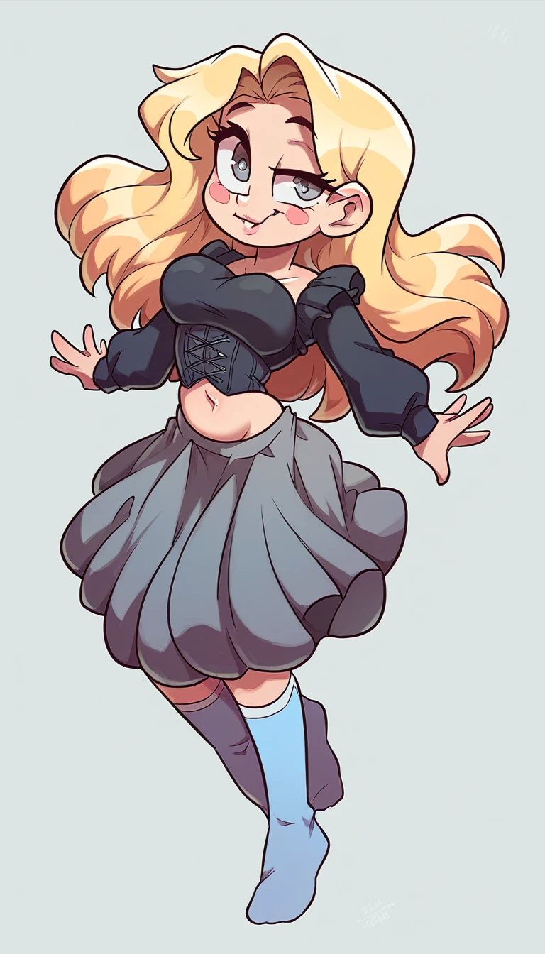 A sexy Asian Russian girl, beautiful, cute, big breast, long wavy dark blonde hair, her round gray eye, thin eyelash, black pink lip, soft cheeks, she dresses in a dark gray corset, long sleeves, shows a navel and short gray pants, a pair of polar blue socks, a black snow boot.