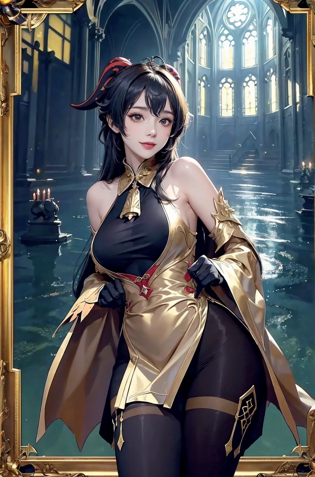 ((masterpiece, best quality)), close-up, straight on, face focus,((1 girl)), {long hair},standing, hair ornamen, gloves, (incredible absurdity), gilded frame, (detailed light),lighting, colorful, layered backgrounds, (gothic architecture), pond, (gorgeous background), dynamic angle, delicate background, (shine),ganyu \(genshin impact\), twin horn, bare shoulder, bodysuit, smile
