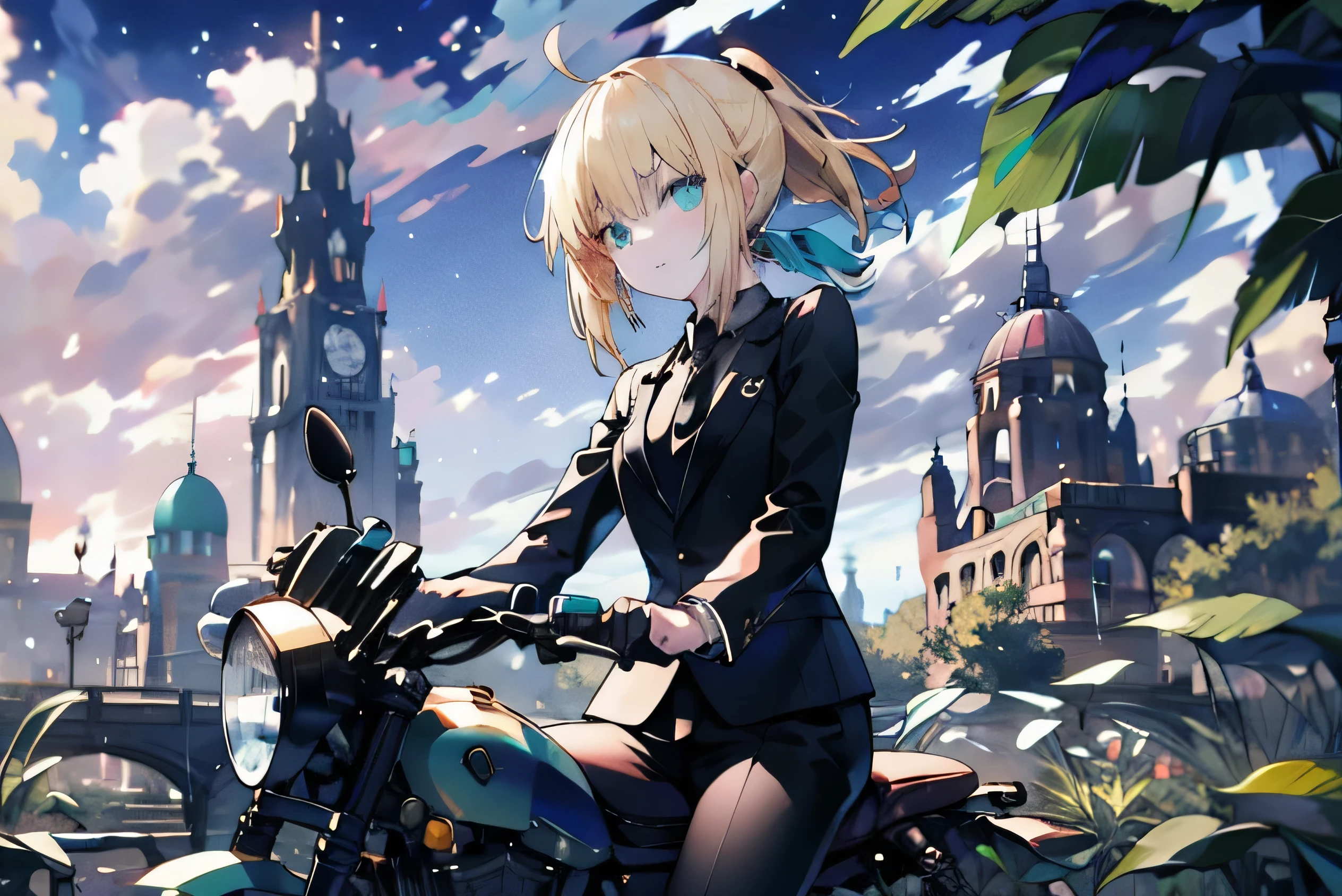 Uhd, absurdres, best_quality, masterpiece, best quality,1girl, solo, adult, woman, saberzero, formal, necktie, (blonde hair), (ponytail), ((ahoge)), straight hair, sidelocks, small breasts, looking at viewer, (black suit), grey shirt, (black tie), black half gloves, ((black pants)), close-up, straight bangs, long sleeves, (aqua eyes), riding a yamaha v-max motorcycle in the city