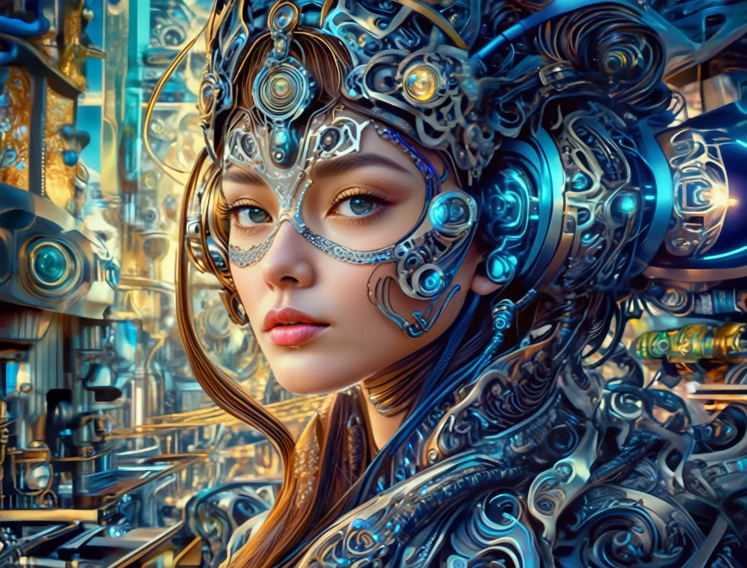 a close up of a woman with a futuristic headpiece and a machine, detailed fantasy digital art, 4k highly detailed digital art, gorgeous digital art, great digital art with details, portrait of a cyborg queen, digital steampunk art, elaborate digital art, stunning digital art, beautiful digital artwork, intricate digital painting, detailed fantasy art, cyborg - girl