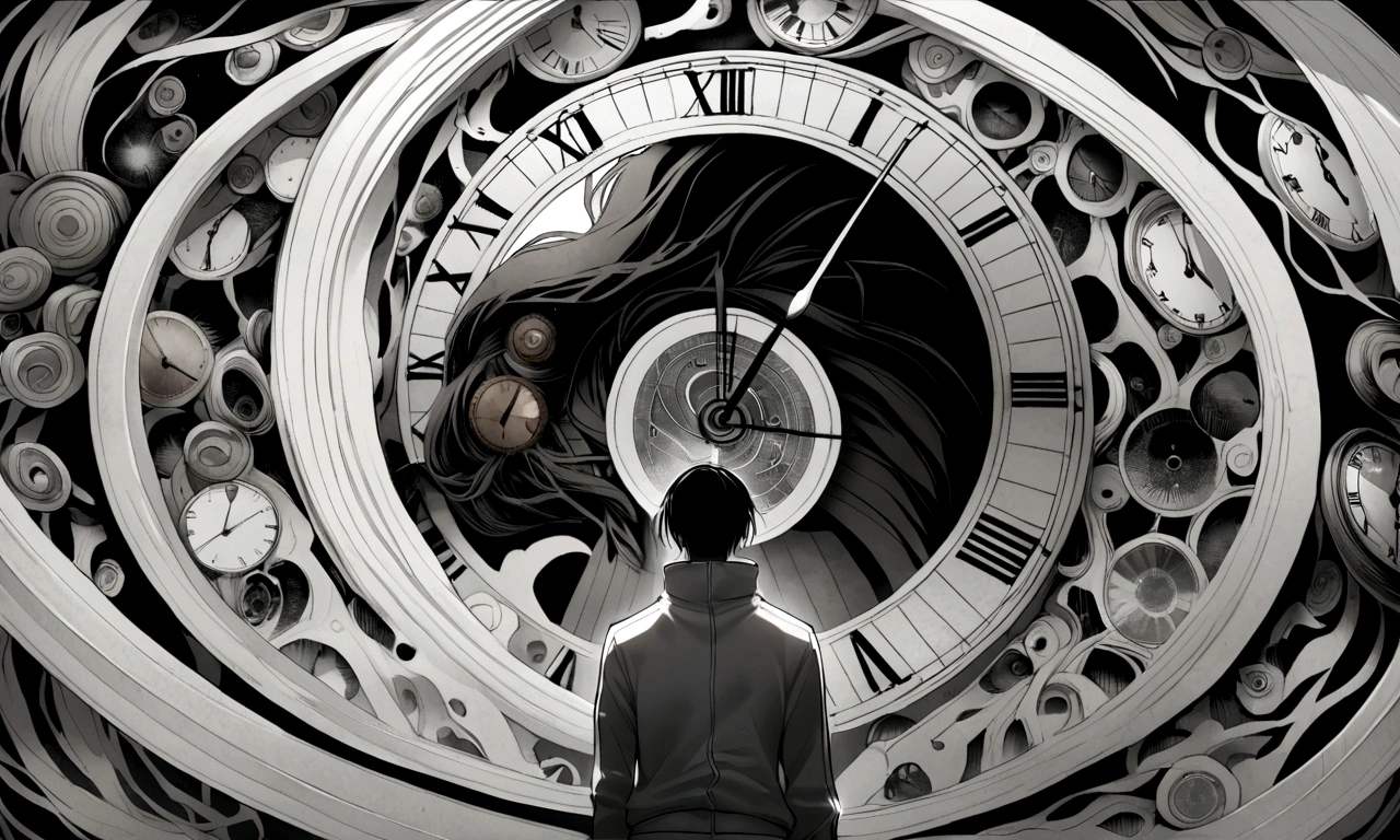 black and white drawing, giant clockwork background, human, 26 year old male, black neat hair, a lonely face, wearing gray tracksuit, body tangled in watch, Body fused with clock