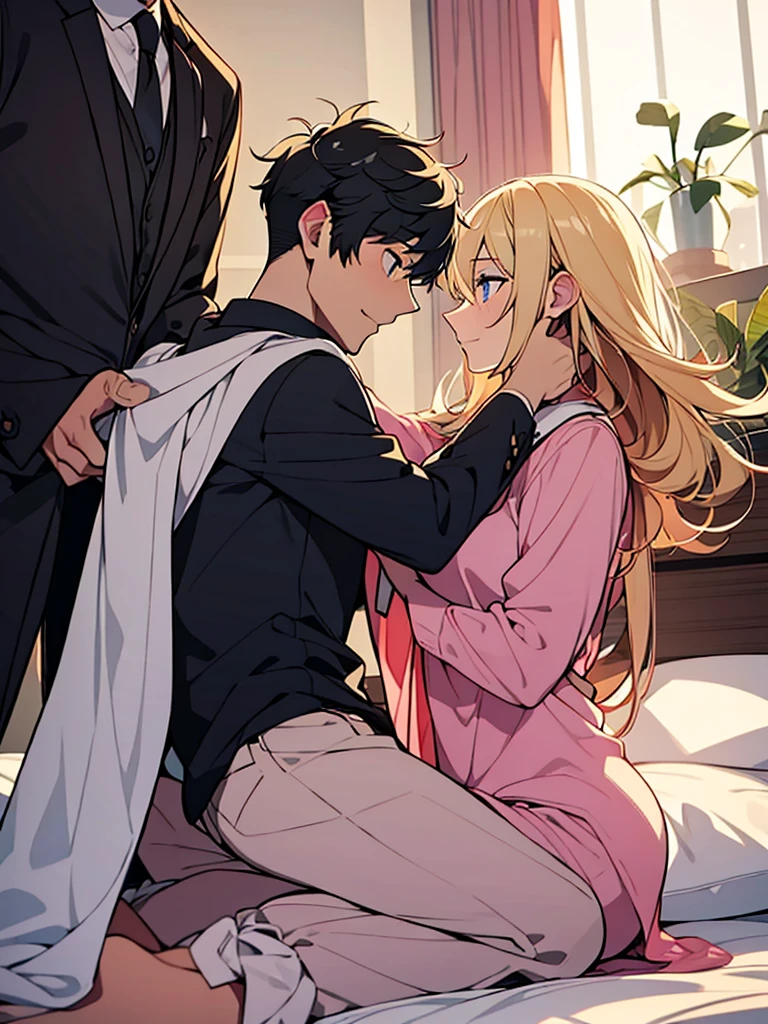 Two adult friends, A Man and a Woman, the man is taking care of the woman in bed, She is sick, she is a woman, she has blonde hair and blue eyes., she wears pink pajamas, while the man has black hair and black eyes 