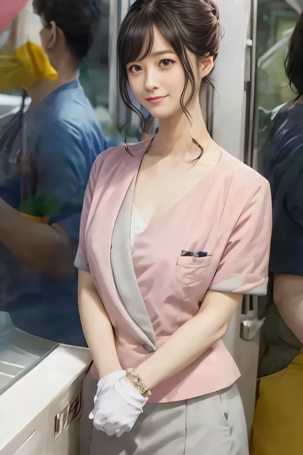 (masterpiece:1.2, Highest quality:1.2), 32k HDR, High resolution, (alone、1 girl)、 (Height: 160cm)、(On the rooftop of a building in the daytime、Professional Lighting)、Building rooftop background、(Nankai train crew uniform pinkを着たリアルスタイル)、(Nankai train crew uniform pink short sleeve collarless pink jacket、Nankai Train Crew Uniform Pink Collarless Short Sleeve Blouse、Nankai Train Crew Uniform Pink Grey Knee-length Culottes)、(The pink jacket is showing from the culottes.)、Dark brown hair、(Hair tied up、Hair tied up、Evening curly hairstyle)、Dark brown hair、Long Shot、Big Breasts、Thin legs、((Great hands:2.0)),((Harmonious body proportions:1.5)),((Normal limbs:2.0)),((Normal finger:2.0)),((Delicate eyes:2.0)),((Normal eyes:2.0)))、smile、(Nankai Train Crew Uniform Pink Grey Knee-length Culottesを見せた美しい歩く姿)、Place your hands around your stomach