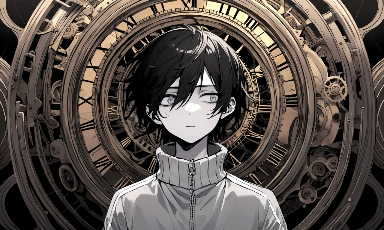 black and white drawing, giant clockwork background, human, 26 year old male, black neat hair, a lonely face, wearing gray tracksuit, body tangled in watch, Body fused with clock