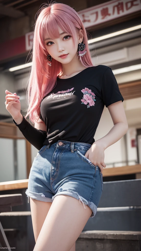 (masterpiece), (Highest quality), (High resolution), detailed, (複雑なdetailed 1.2), (Hyper detailed 1.4), (Gorgeous Digital Art 1.2), Absurd, One girl, Large Breasts, teeth, hair ornaments, alone, Pink Hair, (Black Shirt:1.3), jeans, (station:1.2) running, Thighs, Short Stack, Swimwear,