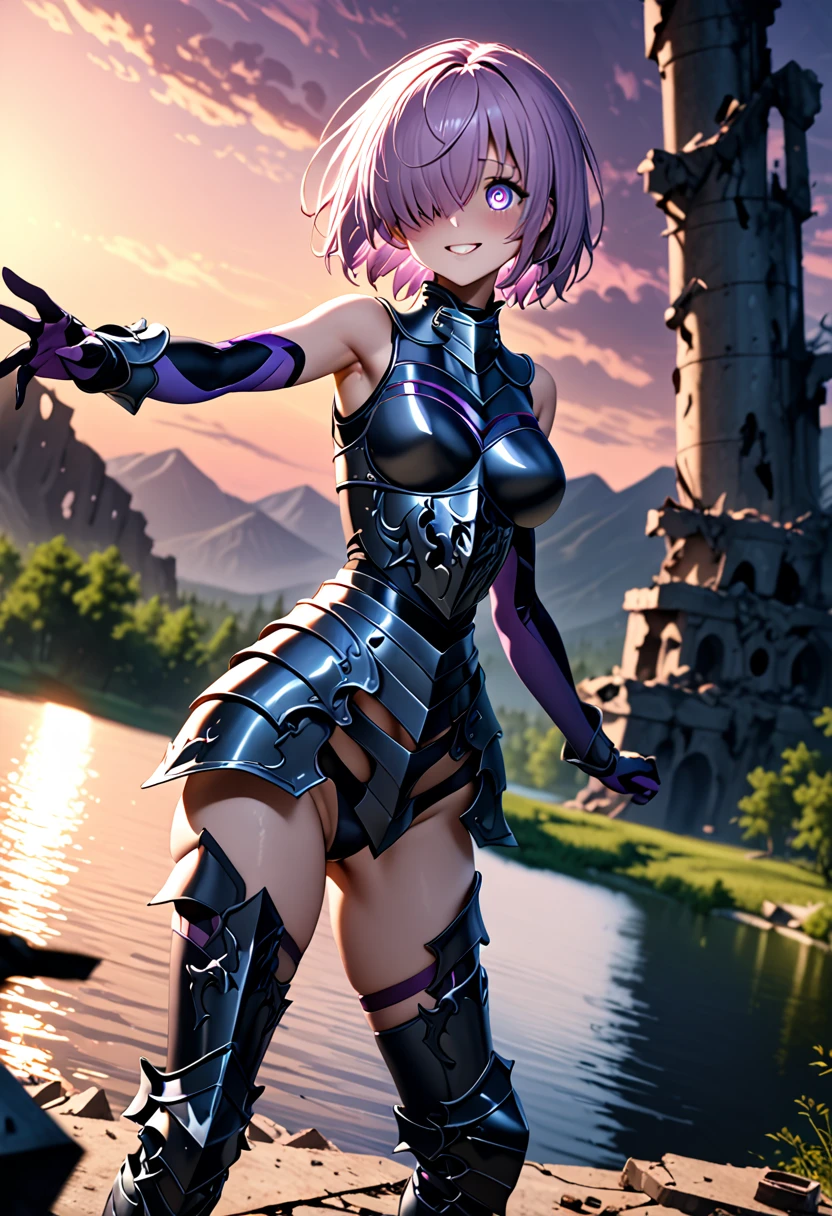 (masterpiece, top quality, best quality, beautiful and aesthetic:1.2), full body, SFW, extremely detailed, detailed eyes, detailed hands, cinematic light, depth of field, 1girl, seducing smile, solo, official, (full armored knight:1.4), dark armor, knight helmet, mash kyrielight, light purple hair, short hair, hair over one eye, slim body, cinematic lighting, dramatic lighting, dramatic atmosphere, hyper-realistic, high resolution, stunning contrast, high quality, best quality, 8k, 4k, intricately detailed, (amazing details:1.2), highly detailed skin, powerful presence, vibrant colors, (detailed eyes:1.2), striking eyes, (detailed background), (lake on background, twilight, ruins), (dynamic angle:1.2), (dynamic pose:1.2)