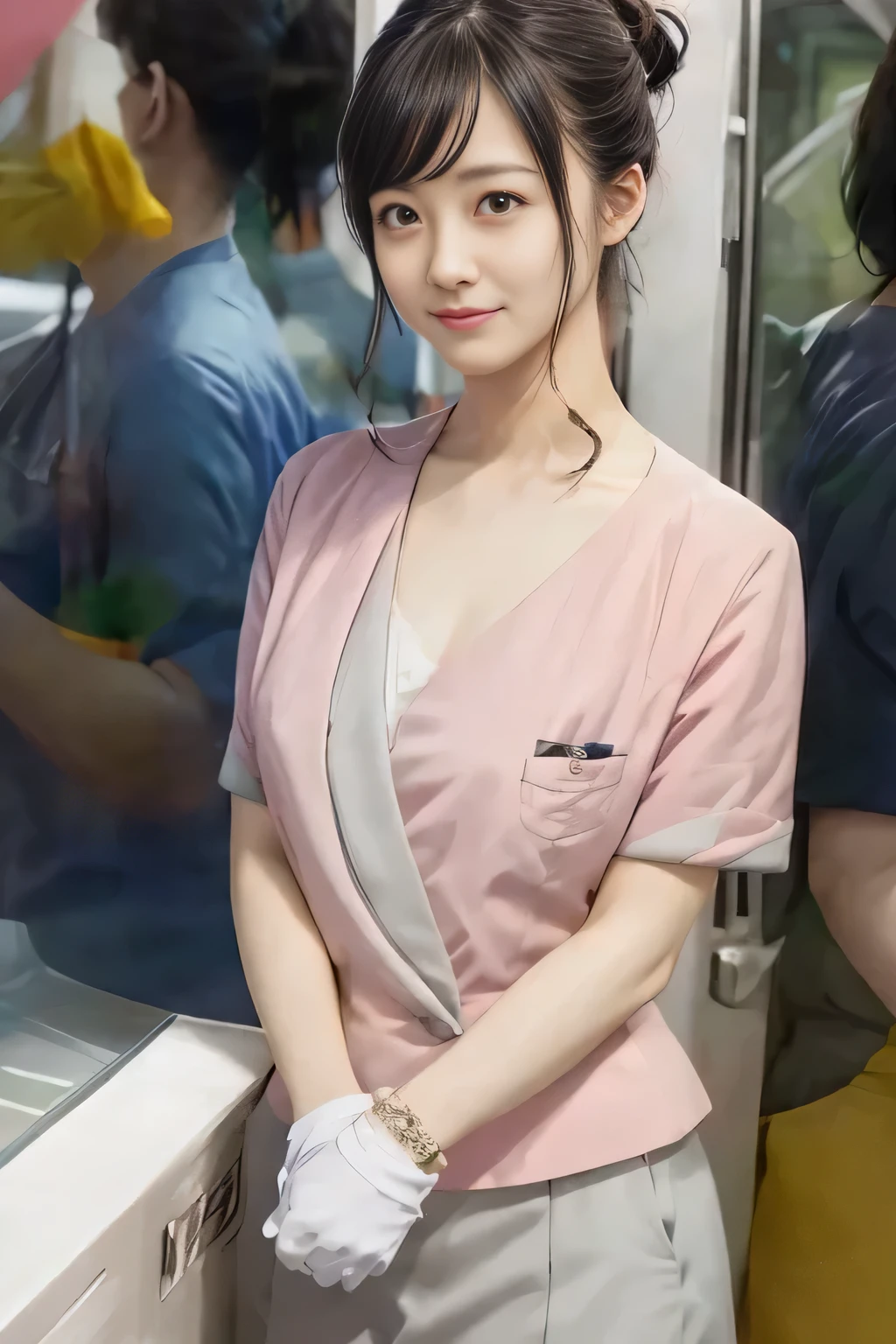 (masterpiece:1.2, Highest quality:1.2), 32k HDR, High resolution, (alone、1 girl)、 (Height: 160cm)、(On the rooftop of a building in the daytime、Professional Lighting)、Building rooftop background、(Nankai train crew uniform pinkを着たリアルスタイル)、(Nankai train crew uniform pink short sleeve collarless pink jacket、Nankai Train Crew Uniform Pink Collarless Short Sleeve Blouse、Nankai Train Crew Uniform Pink Grey Knee-length Culottes)、(The pink jacket is showing from the culottes.)、Dark brown hair、(Hair tied up、Hair tied up、Evening curly hairstyle)、Dark brown hair、Long Shot、Big Breasts、Thin legs、((Great hands:2.0)),((Harmonious body proportions:1.5)),((Normal limbs:2.0)),((Normal finger:2.0)),((Delicate eyes:2.0)),((Normal eyes:2.0)))、smile、(Nankai Train Crew Uniform Pink Grey Knee-length Culottesを見せた美しい歩く姿)、Place your hands around your stomach