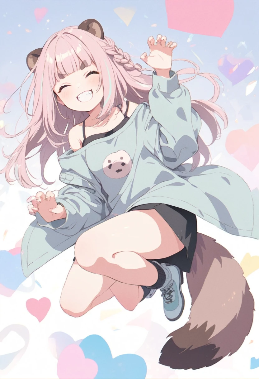 anime,(pale colors:1.8),long shot, 1girl, (on right:1.3), full body, solo, grin, smile, closed eyes, dynamic angle, jumping high, claw pose, fang, light pink hair, long hair, straight hair, racoon ears, racoon tail, (brown streaked hair:1.3), side braid, (blunt bangs) ,thick eyebrows, off shoulder clothes, cutout, heart background,