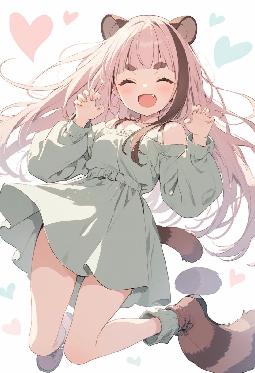 anime,(pale colors:1.8),long shot, 1girl, (on right:1.3), full body, solo, grin, smile, closed eyes, dynamic angle, jumping high, claw pose, fang,  light pink hair, long hair, straight hair, racoon ears, racoon tail, (brown streaked hair:1.3), side braid, (blunt bangs) ,thick eyebrows, off shoulder clothes, cutout, heart background, 