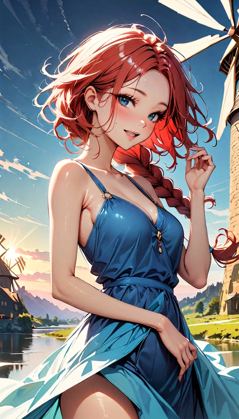 (highest quality:1.2), Very detailed, Vibrant, digital coloring, High Contrast, masterpiece:1.2, highest quality, Best aesthetics, 1 female, red Hair, (single braid:1.5), messy hair, (((Blue Dress:1.2))), (fantasy landscape:1.4), windmill, Bright lighting, Beautiful world, New World, Blown by the gentle wind, (hot gaze, Hot, Rui々Beautiful lips, Glossy, Open Mouth, Leaking sigh), Accurate, Textured skin, Cowboy Shot, seductive smile, The beauty and danger of growing from a girl to an adult, A symbol of miraculous beauty.