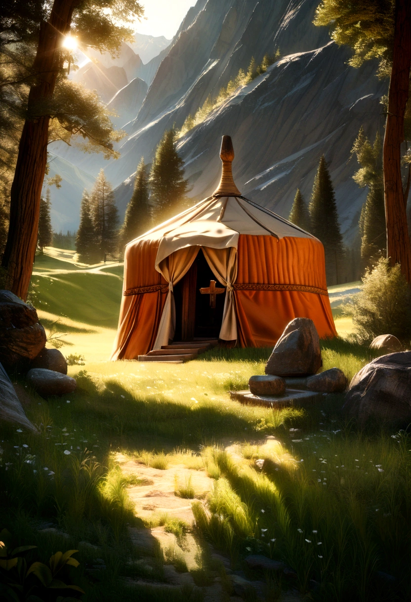 high detailed landscape, majestic rocky mountains, lone gravestone, traditional Kyrgyz yurt, golden sunlight, warm color tones, cinematic lighting, dramatic shadows, lush greenery, tranquil atmosphere, highly detailed, photorealistic, award winning photograph