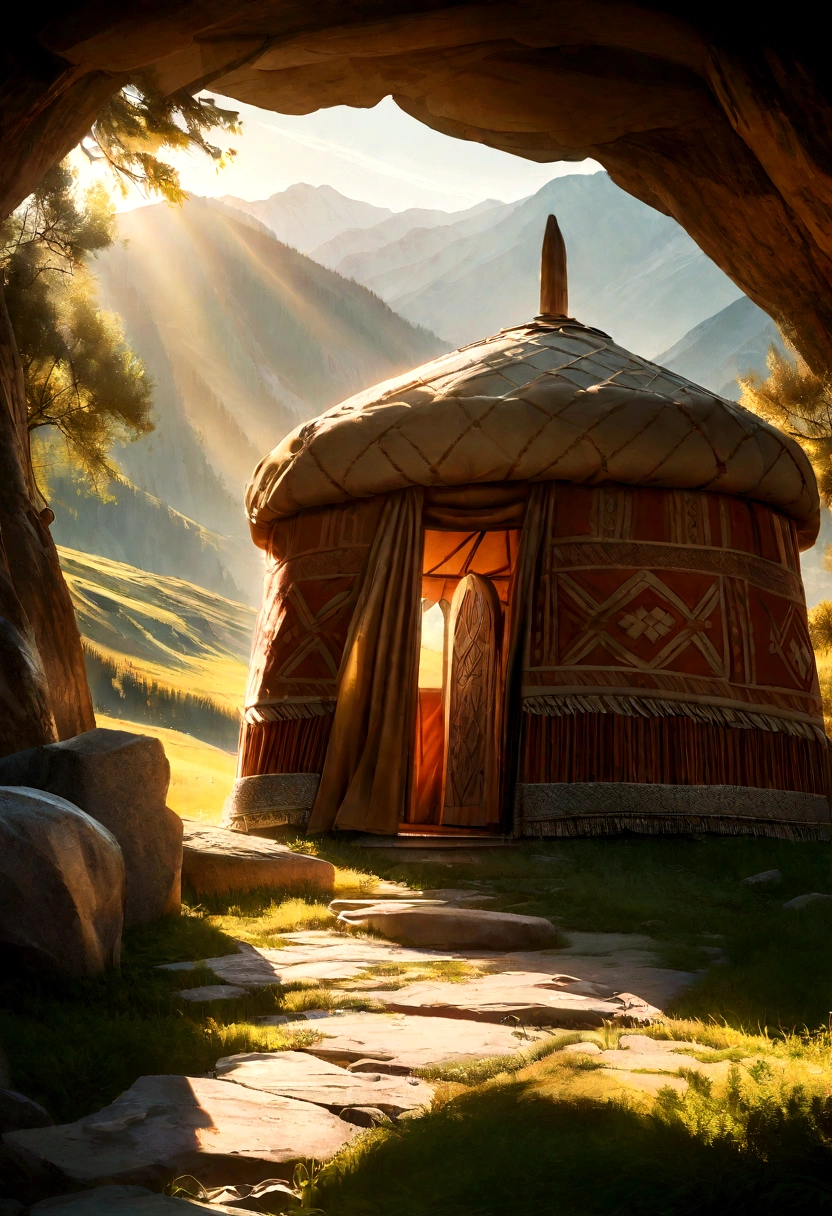 high detailed landscape, majestic rocky mountains, lone gravestone, traditional Kyrgyz yurt, golden sunlight, warm color tones, cinematic lighting, dramatic shadows, lush greenery, tranquil atmosphere, highly detailed, photorealistic, award winning photograph