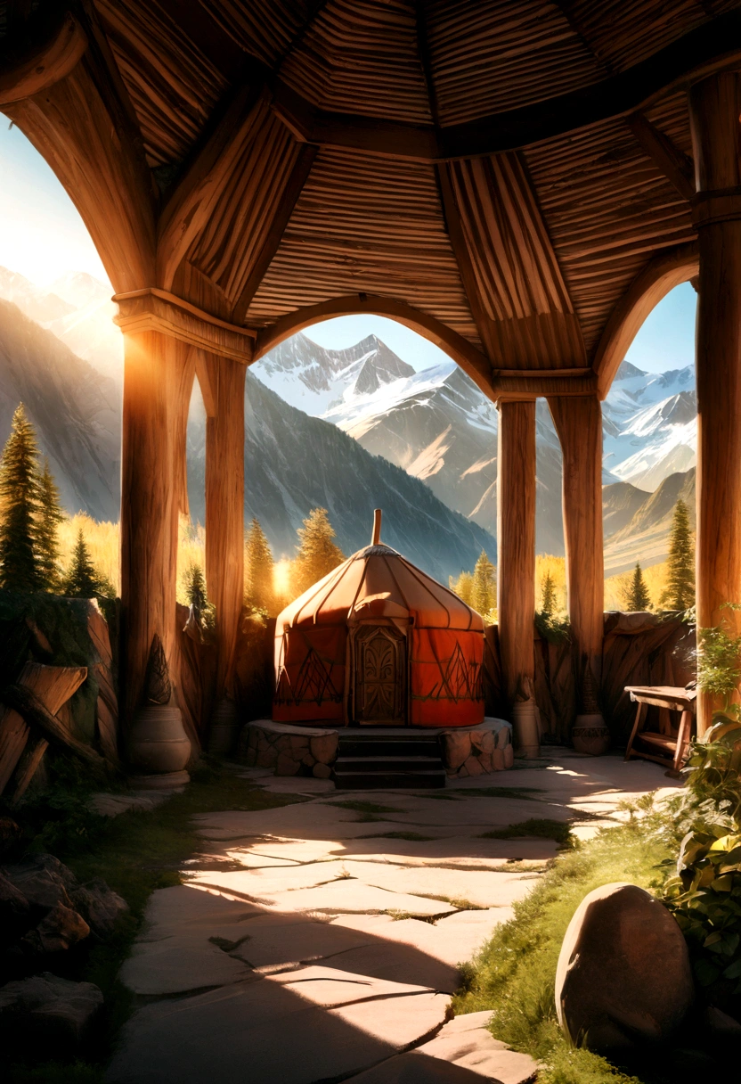 high detailed landscape, majestic rocky mountains, lone gravestone, traditional Kyrgyz yurt, golden sunlight, warm color tones, cinematic lighting, dramatic shadows, lush greenery, tranquil atmosphere, highly detailed, photorealistic, award winning photograph