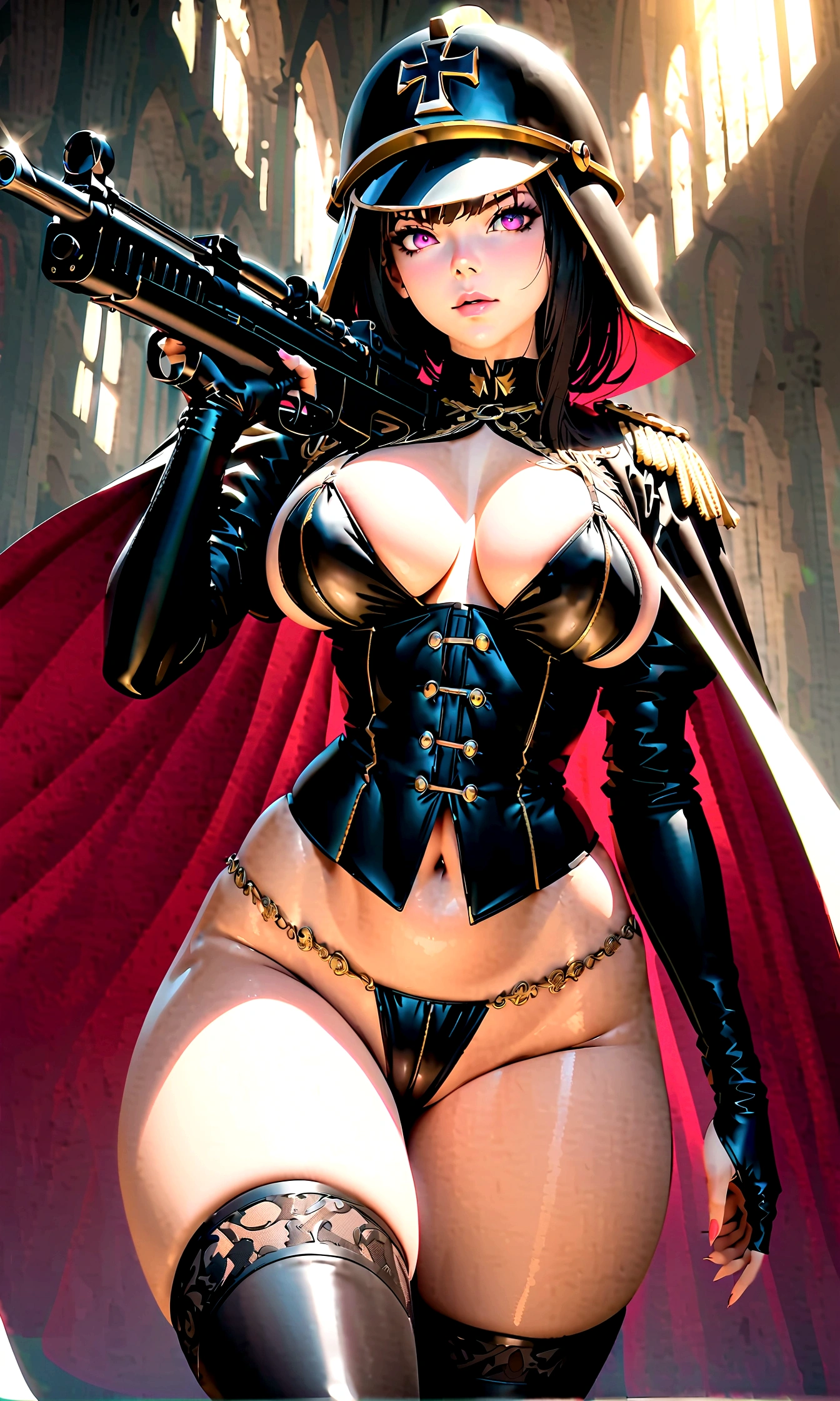 busty bimbo german ss soldier, (model), lace detailing, classy, sophisticated, dangerous, ((wermacht)), iron cross emblem, (((german))), (fit), (german facial features), mostly , (german body shape), glossy eyes, ((((beautiful)))), looking straight, , (serious expression), stoic, ((european)), ((hyper sexualized)), raunchy, hourglass body, (()), ((())), (over the shoulder), holding a maschinengewehr gun, ((perfect)), (feminine), walking dramatically, hip sway, gold belly chain, german frilly micro leather corset, german frilly leather thigh highs, german frilly leather sleeves, german frilly leather  curtain, german frilly high rise leather , micro leather billowing cape, german helmet, voluptuous round juicy , voluptuous strong , strong thighs,  , hip cleavage, full shapely body, curvy, ornate german jewelry, vibrant aura, smooth shiny skin, ( lighting), german background, smooth clean lines, ultra textured, highest resolution, maximum quality, max detail, vivid colors, max texture, energetic composition, dramatic lighting, crystal clear, depth perspective, high contrast, seamlessly blended, photorealistic, chromatic aberration, subpixel precision, bokeh effect depth art, anamorphic perspective, hdr high dynamic range, spectral color graded, photometric lighting, motion lines