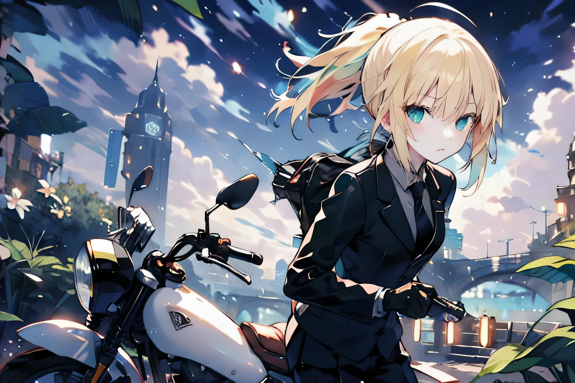 Uhd, absurdres, best_quality, masterpiece, best quality,1girl, solo, adult, woman, saberzero, formal, necktie, (blonde hair), (ponytail), ((ahoge)), straight hair, sidelocks, small breasts, looking at viewer, (black suit), grey shirt, (black tie), black half gloves, ((black pants)), close-up, straight bangs, long sleeves, (aqua eyes), riding a yamaha v-max motorcycle in the city