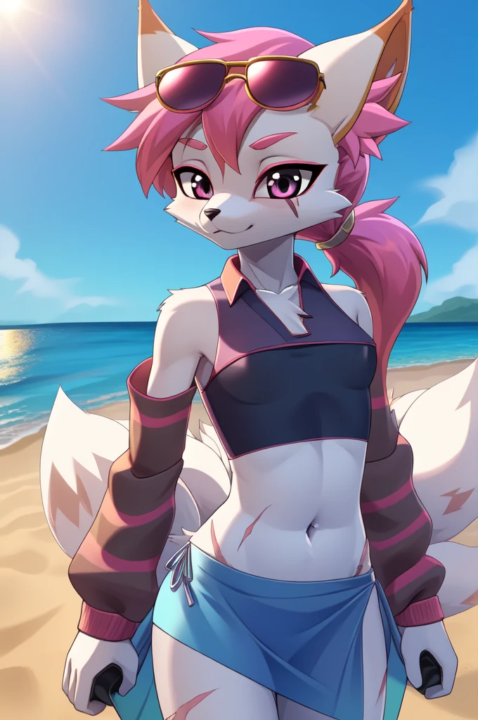 Kimiko Five-Tails, furry female anthro, fox girl, white body fur, pink hair, ((shirt, navel, sunglasses, eyewear on head, swimsuit, bikini, sarong, short sleeves, crop top, collared shirt, tied shirt, adjusting eyewear, midriff, blue sarong, tinted eyewear, front-tie top)), small breasts, detailed body fur, detailed body, detailed face, detailed eyes, glistering body, shiny body, skinny, :3, multiple tails, multi tail, solo, body fur, (best quality), cinematic lighting, anime style, short ponytail, scar on the eye, 2D, beach, clear sky, solo,