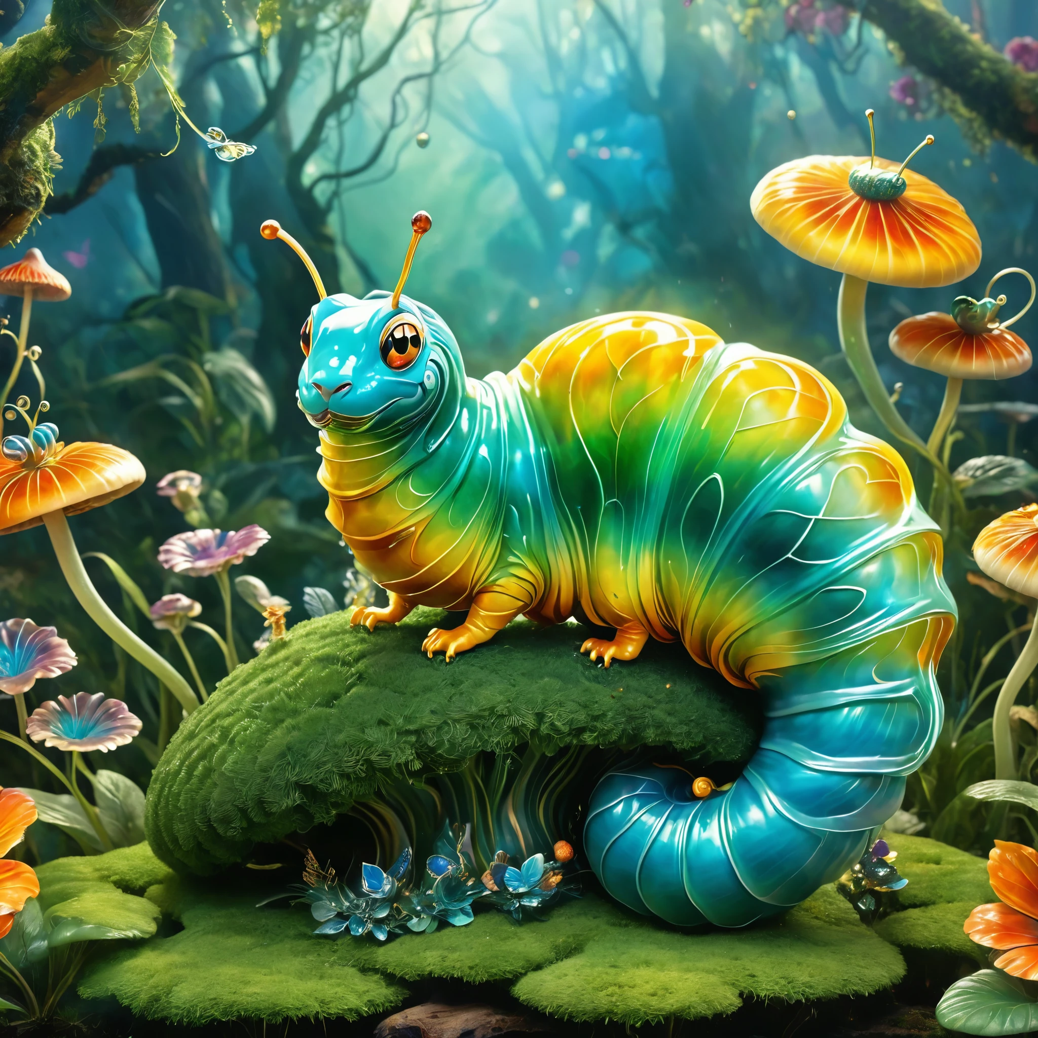 Create an artistic rendition of The Caterpillar from Alice in Wonderland. Capture its enigmatic and surreal presence as it sits atop a mushroom, blowing smoke rings. Focus on intricate details, such as the Caterpillar's vibrant coloration and distinctive features, including its hookah pipe. The image should evoke the whimsical and mysterious nature of Wonderland. Use a blend of vibrant and ethereal colors to bring this iconic character to life. This artwork should be suitable for various applications, including posters and digital media