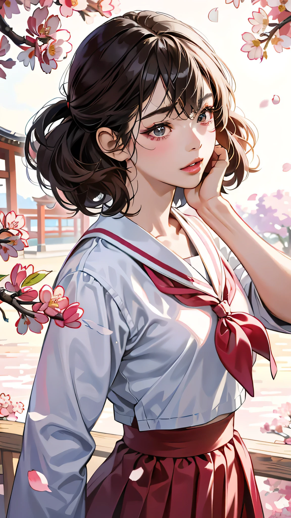 Stunningly Realistic 8K Wallpaper Showcasing a Radiant Black-Skinned Lolita Teenager in an Enchanting Japanese Gyaru Style School Sailor Uniform – Accentuated by a Mesmerizing Cherry Blossom Backdrop

Nude and Semi-Nude Elements:

Dazzling and Detailed Cherry Blossom Petals Flying, Framing the 16-year-old Asian Girl in a Japanese High School Student Role

Short Bob Hairstyle with Curls, Dark Brown Hair, and Expressive Eyes Emulating a Youthful and Attractive Japanese Lolita Aesthetic

Full Lips, Hour