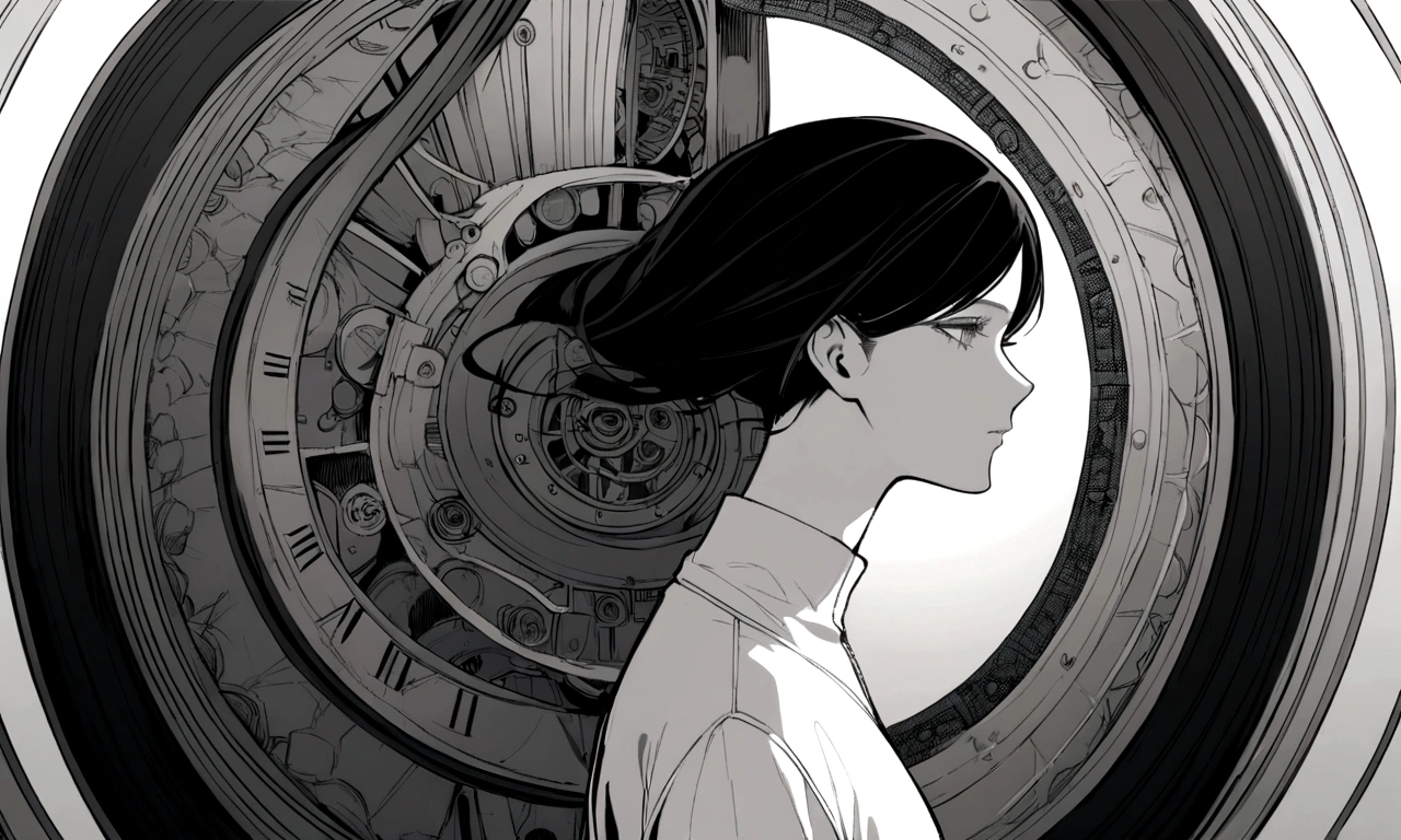 black and white drawing, giant clockwork background, human, 26 year old male 1, black neat hair, a lonely face, wearing gray tracksuit, beautiful woman 1, wearing a white dress